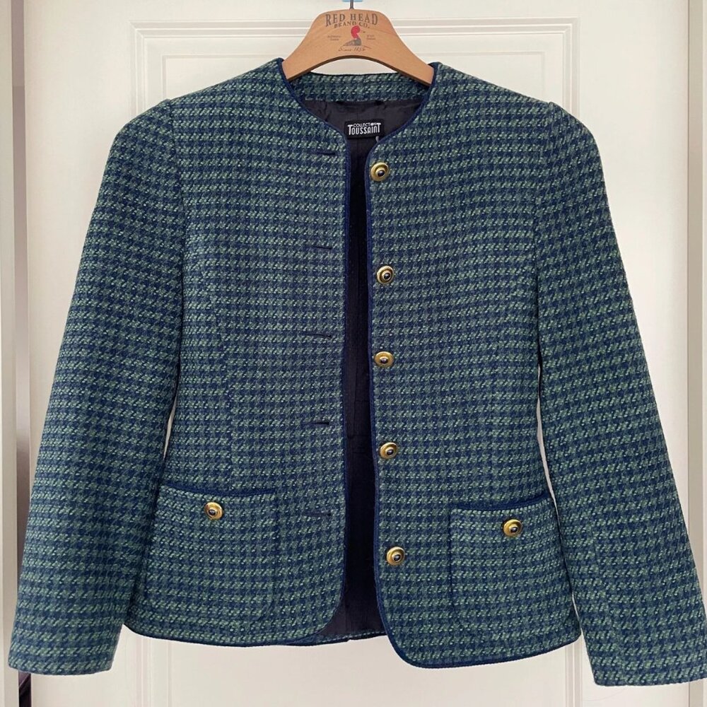 Vintage Wool Blend Houndstooth Blazer - 90s Retro Green Plaid